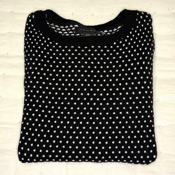 Tahari Puff Shoulder Crew Neck Sweater Women's M | Black White Dots - Picture 11 of 11